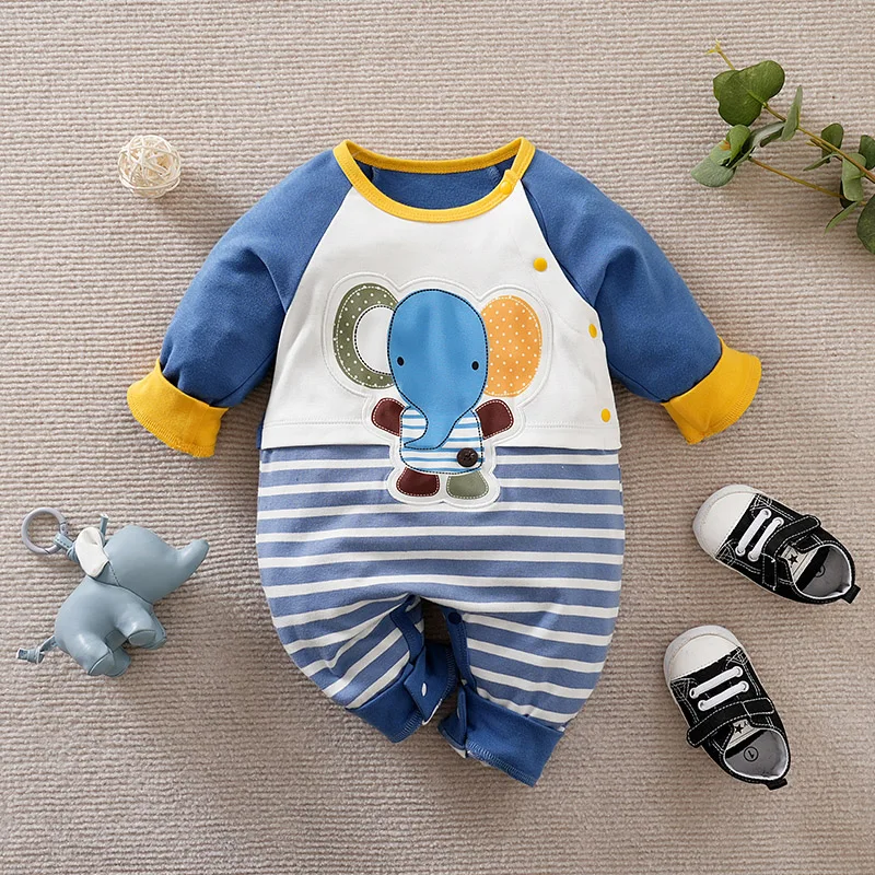 Spring And Autumn Boys And Girls Cute Cartoon Elephant Print Casual Comfortable Baby Bodysuit