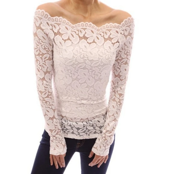 

Women's Blouse Temperament Commuting Pullover Solid Color Scallops Lace Trim Off the Shoulder Long Sleeve Slim Fit Tee Top