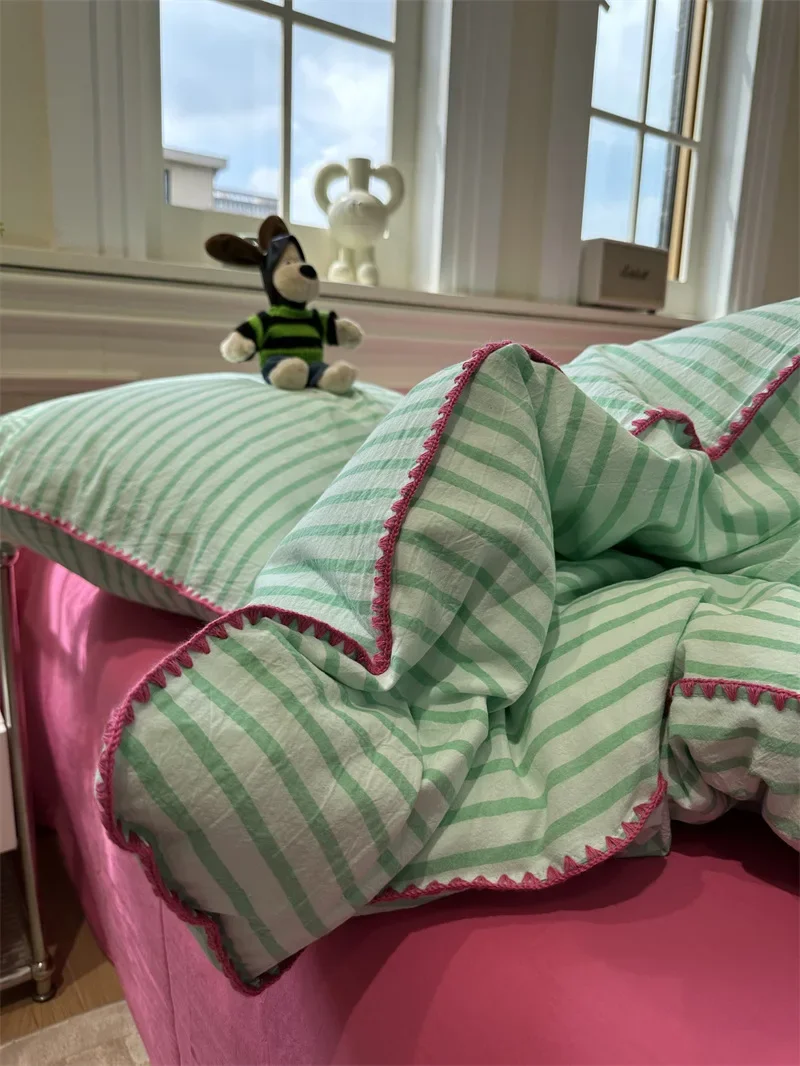 Refreshing Summer Watermelon Wash Cotton Triangle Needle Green Stripe Four Piece Set 1.5m1.8 Apartment Quilt Set Three Pieces