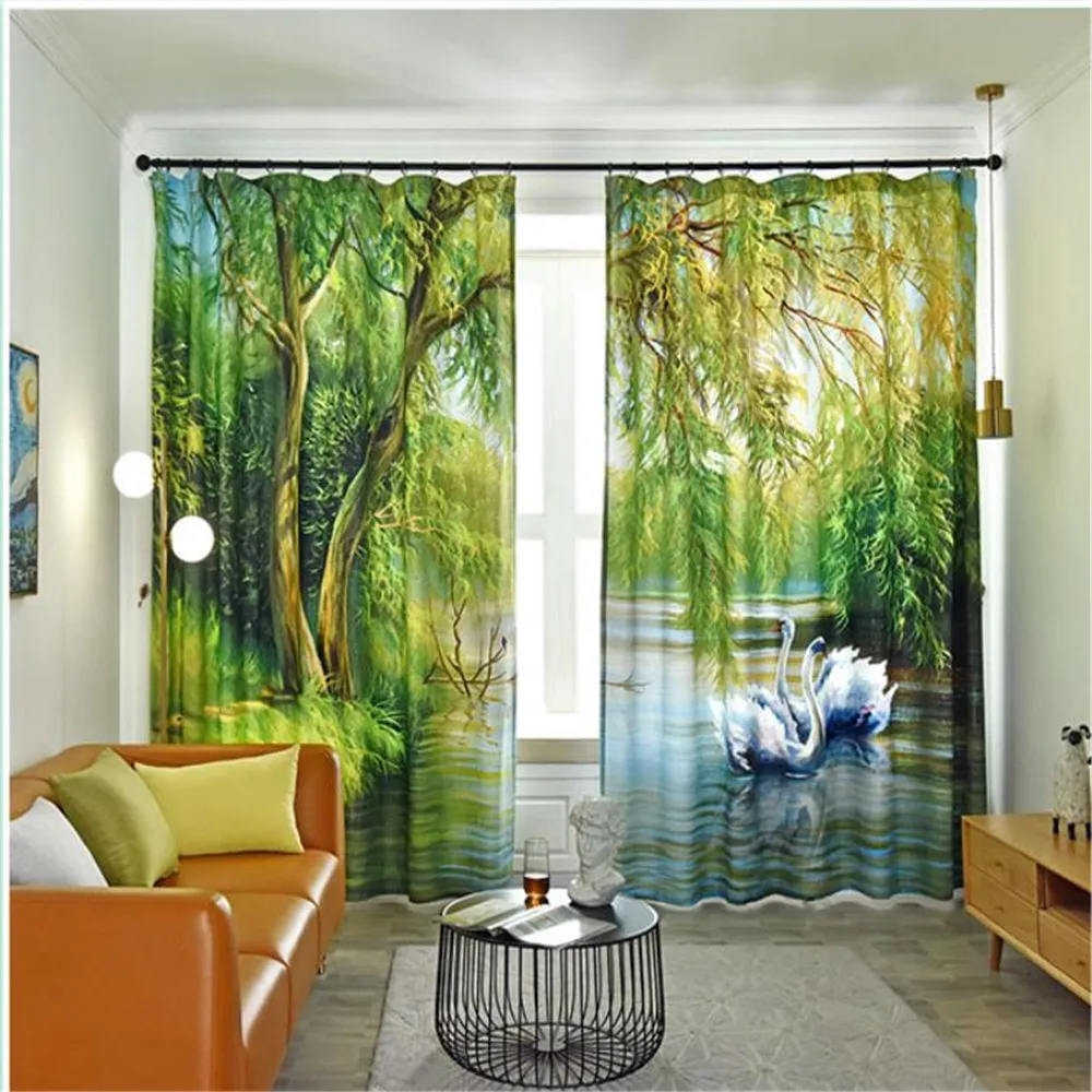 New creative printing Swan small fresh curtains custom-made bedroom study thickened windshield green forest curtains blackout