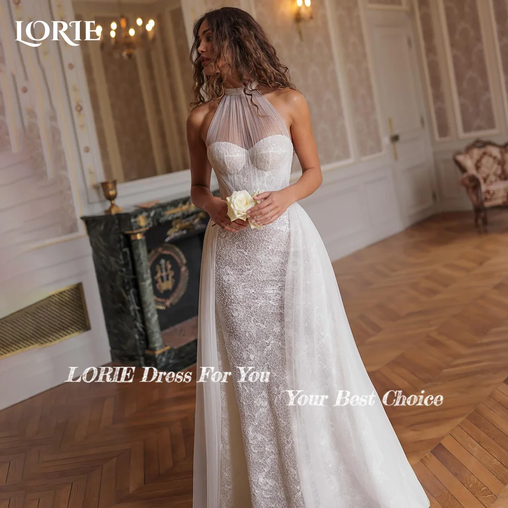 LORIE Vintage Halter A-Line Wedding Dress Applique Pleats Sweetheart Lace Bridal Gown Backless Bride Dress Customized Wedding