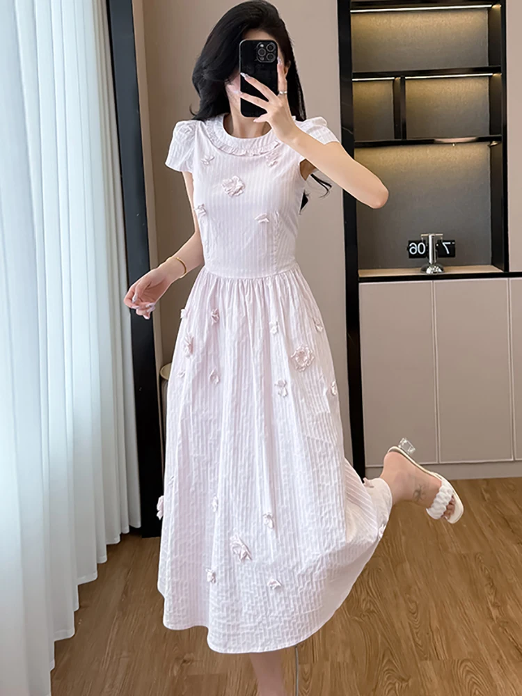 2025 neue Rosa Applikationen Kurzarm Casual Langes Kleid Frauen Elegante Chic Fesitval Party Kleid Sommer Koreanische Bodycon Prom Kleid