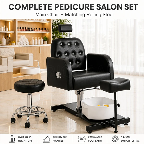Commercial Hydraulic Pedicure Foot Spa Chair Rhinestone Tufted PU Leather With Rolling Technician Stool for Nail Salon