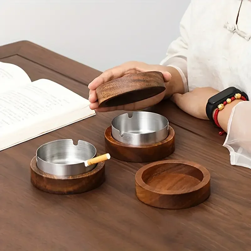 

New Creative Ashtrays With Lid Walnut Wood Desktop Ashtray Stainless Steel Windproof Ash Tray for Smoking Office Home Decoration