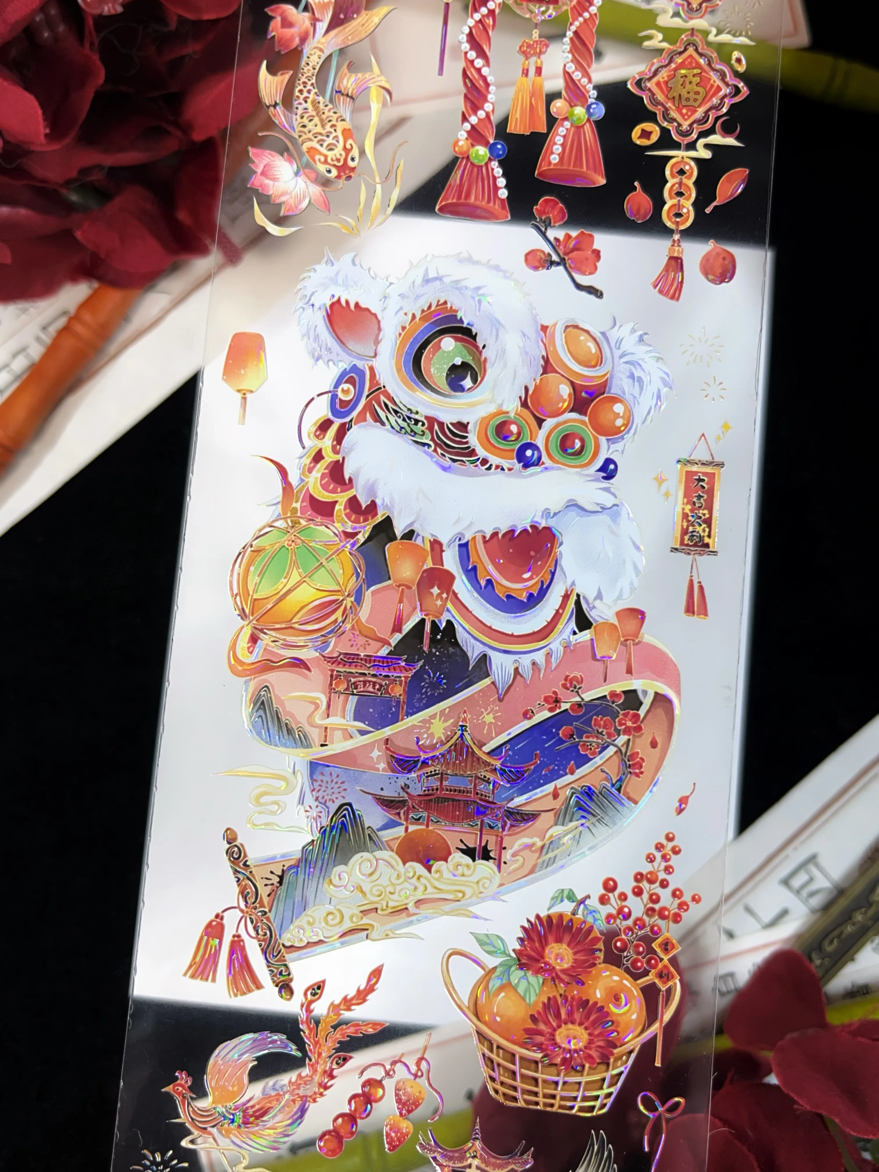 Ancient Chinese Lion Dancing Shiny Shell PET Tapes  Craft Supplies DIY Scrapbooking Card Making Plan Sticker