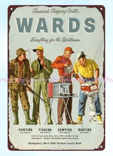 1960 WARDS SPORTSMAN SPORTING hunting fishing camping boating metal tin sign