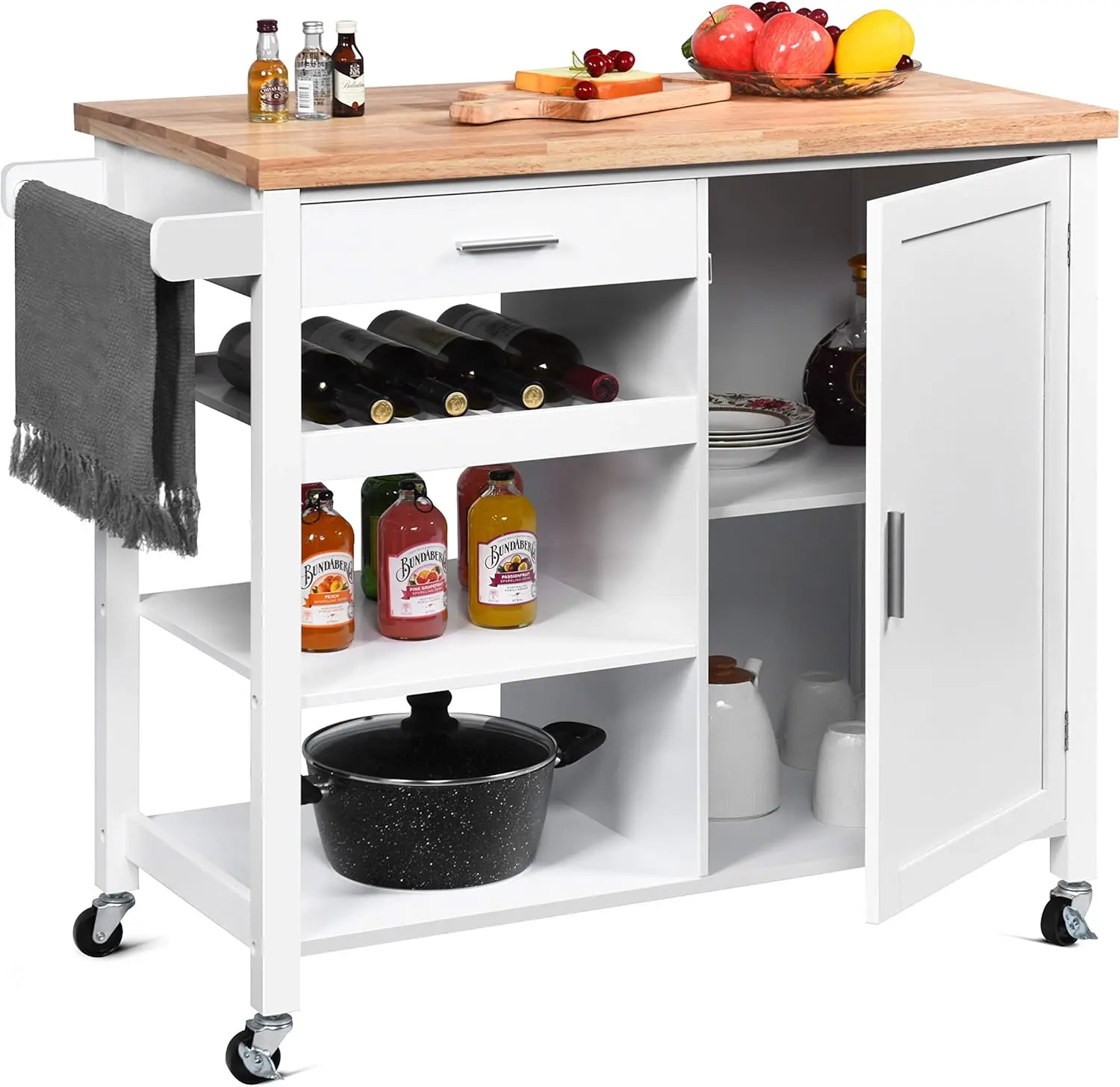 Wood Kitchen Island Cart on Wheels, Modern White Rolling Kitchen Island with Storage Cabinet Home Bar Utility Serve Trolley Cart