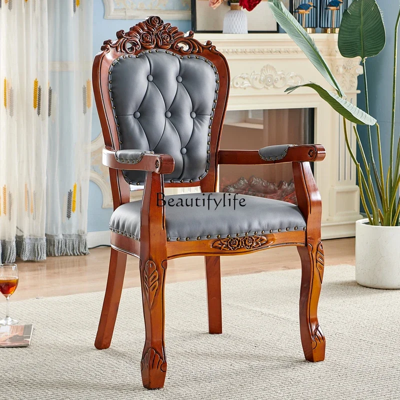 

Ld25 European dining chair solid wood armrest leather simple hotel negotiation backrest adult chair