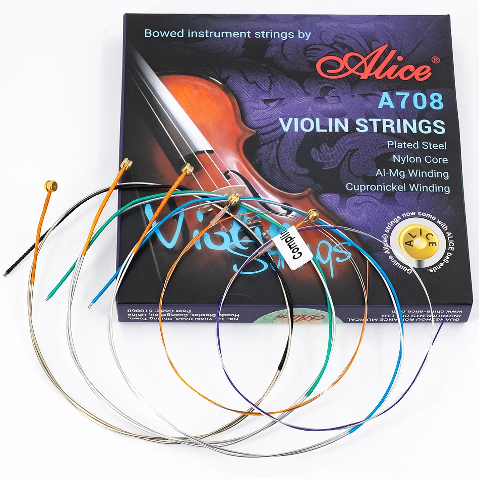 Alice A708 Violin Strings A FULL Set Plated Steel Nylon Core Al-Mg Winding Nickel Alloy Wound For Size 4/4 3/4 1/2 1/4 1/8