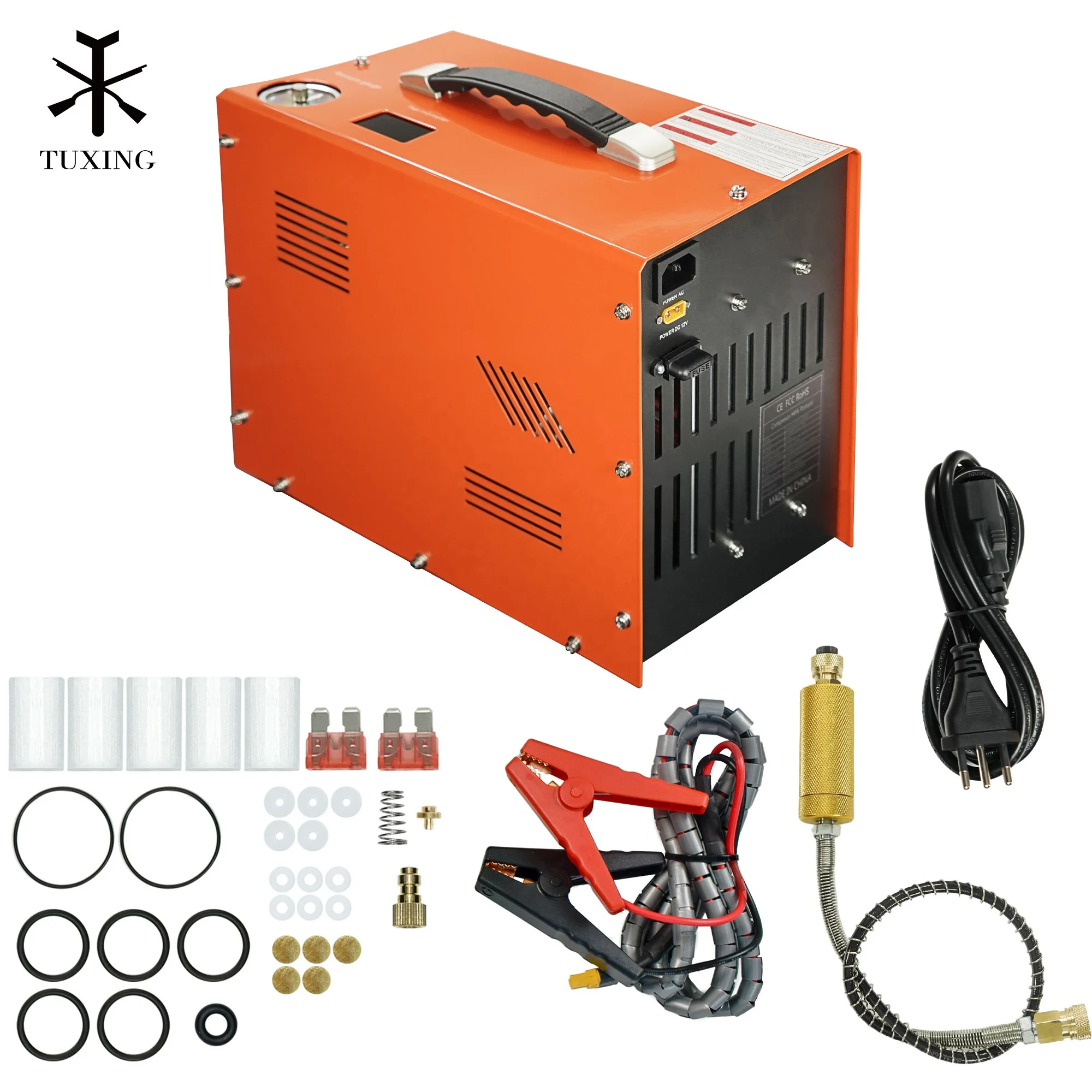 

TUXING High Pressure Oil-free 4500psi 300bar 30mpa 110V 12V Fan Cooling Automatic Stop Snorkeling Paintball PCP Air Compressor