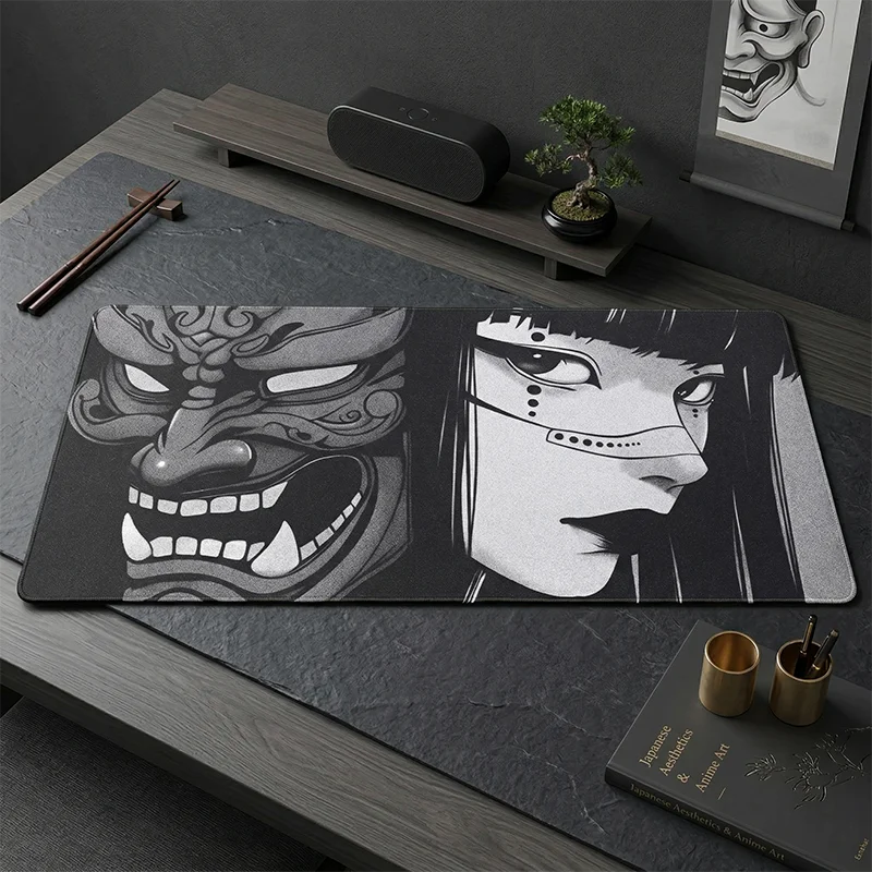 

Japanese Oni Mask Anime Mouse Pad Large Black White Desk Mat Gaming Keyboard Pad Non-Slip PC Gamer Setup Accessories