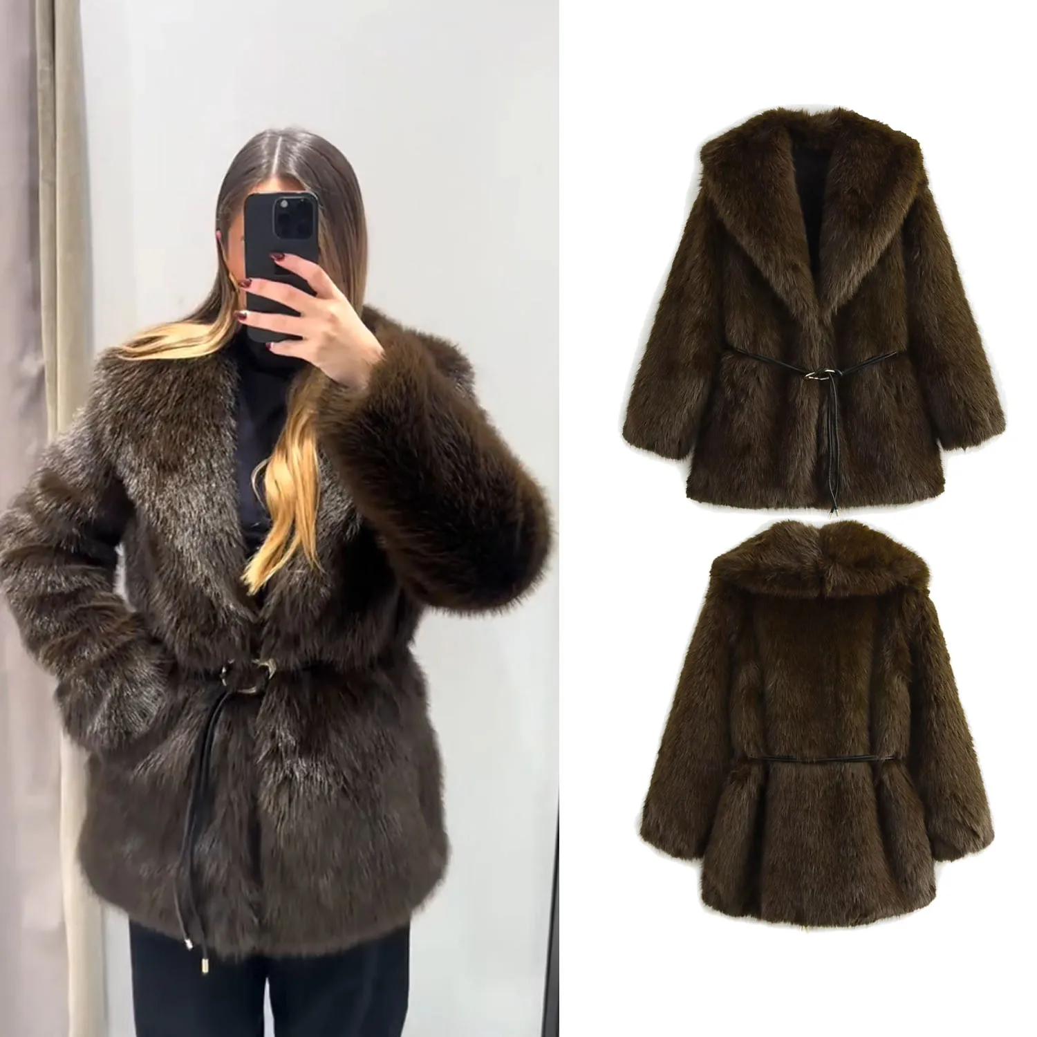 

Women's With Belt Faux Fur Coat Female Long Sleeve Turn-Down Collar Elegant Fashion Autumn Winter New Furry Outerwear Streetwear