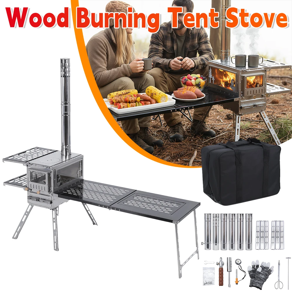 

Маленькая походная дровяная печь с духовкой и походным столом с дымоходом из нержавеющей стали для приготовления пищи, походов, рыбалки, пеших прогулок