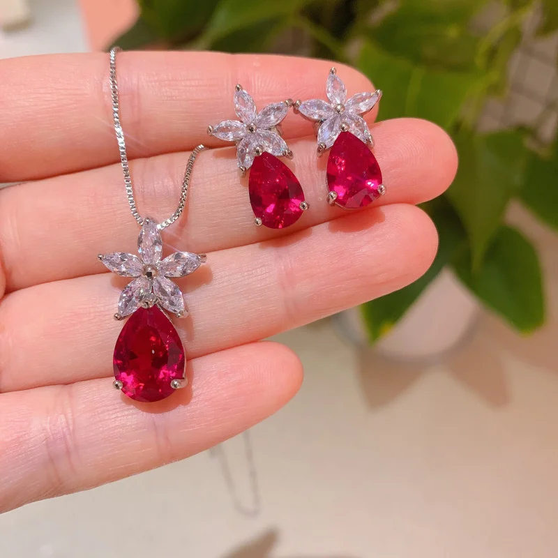 

Set of Ruby Pendant, Blood Ruby Earrings, Paraiba Necklace, Emerald Earrings