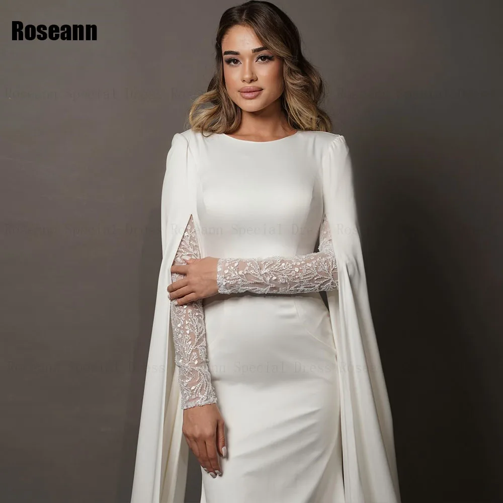 Muslim 2024 Simple O-Neck Ivory Mermaid Wedding Dresses Applique Lace Full Brush Train Floor Length Bride Dress robe de mariée