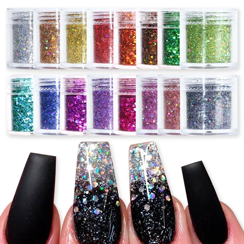 Holographic Nail Glitter Laser Color Nails Art Flakes Mixed Size Hexagon Chunky Iridescent DIY Accessories Polish Manicure Decor