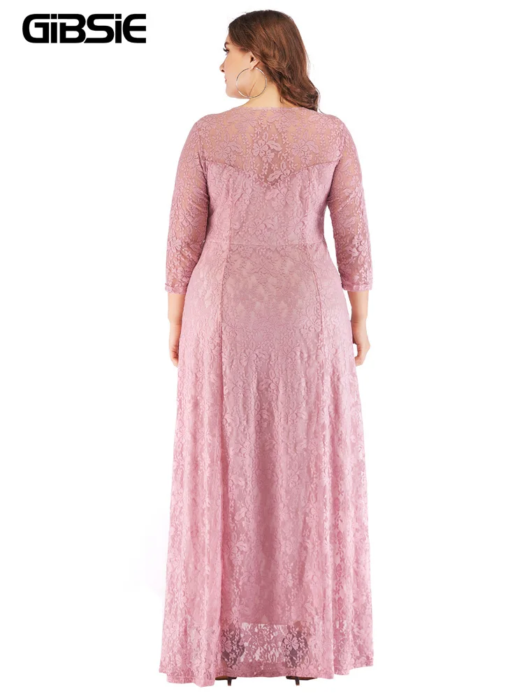 GIBSIE 6XL 5XL 4XL Plus Size Elegant Lace Dress Women O-Neck 3/4 Sleeve Long Maxi Dresses Ladies Prom Evening Party Dress