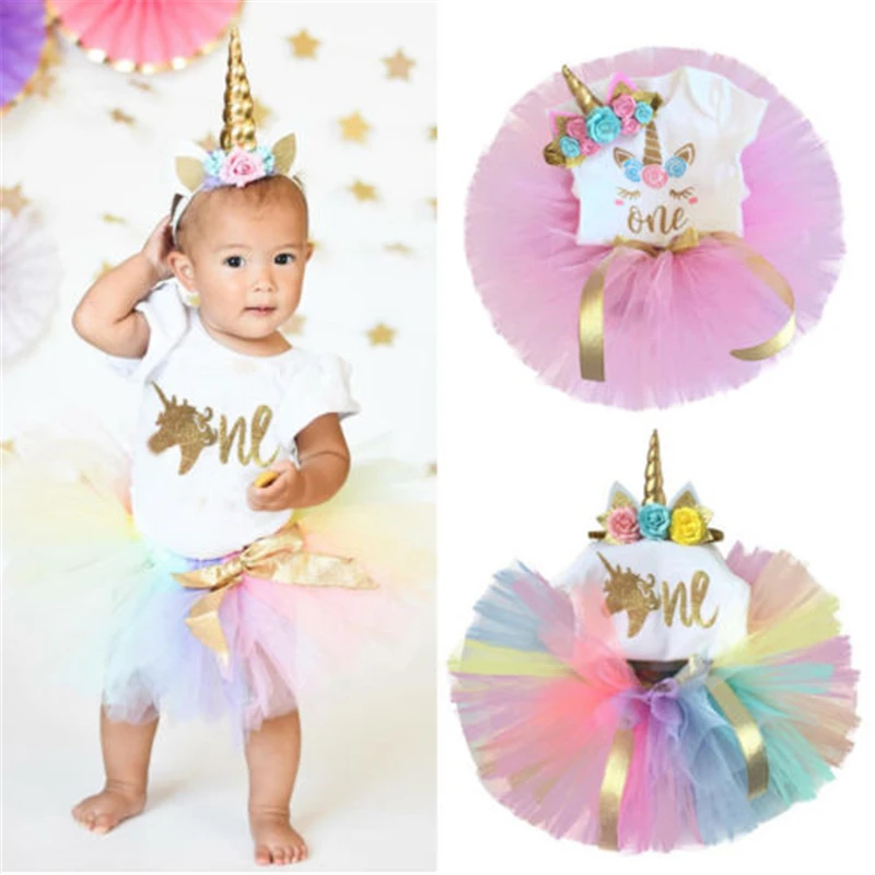 

Baby Girls Birthday Clothes Sets Unicorn Print Romper Bodysuit Tulle Tutu Mini Skirt 0-24M Newborn Infant Toddler Summer Outfits