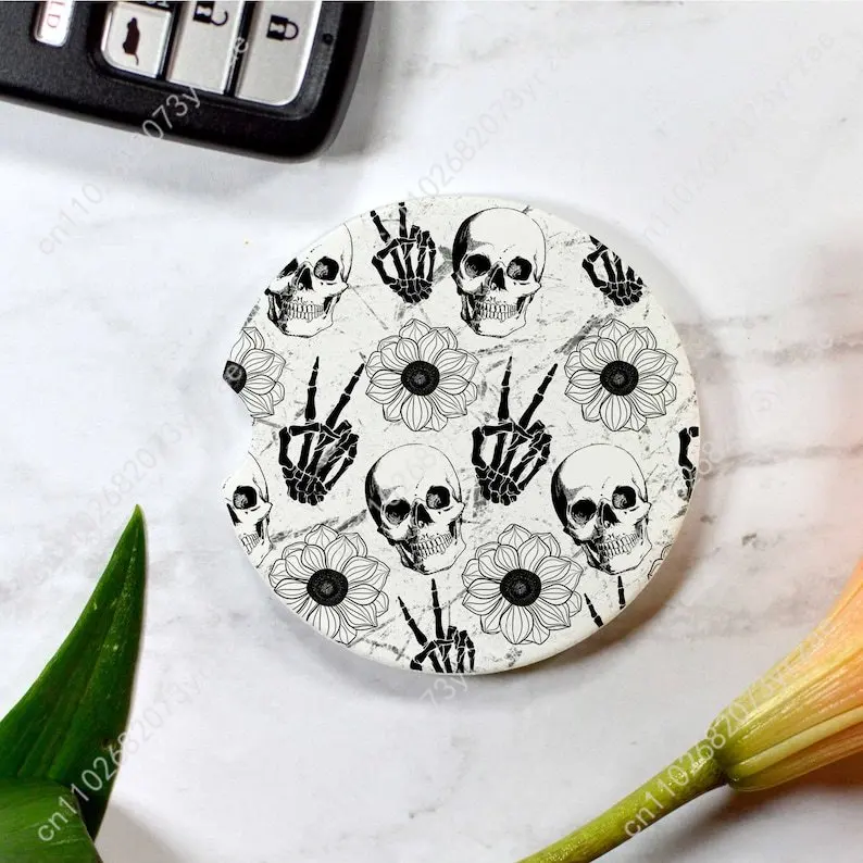 

Skellie Skeleton Car Coasters 2pcs Absorbent Anti Slip Car Coasters Scalding Waterproof Easy Clean Car Interior Accessories