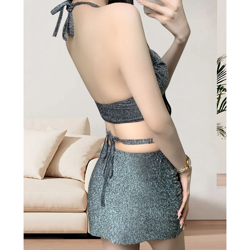 Sexy Bikini Skirt Sets Women Spliced Diamond Halter Crop Top High Waist Mini Skirts Swimwear 2025 New Y2k Fashion 3 Piece Sets