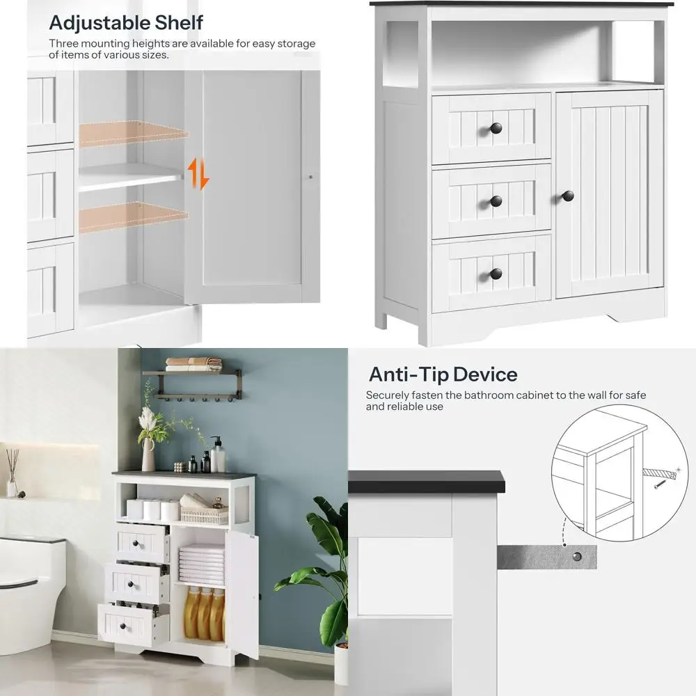

Large Freestanding Bathroom Storage Cabinet with 1 Cupboard & 3 Drawers, Adjustable Shelf, 28.3 x 11.8 x 37.8, White & Black