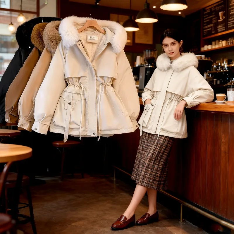 

Пуховик с капюшоном на флисовой подкладке, зимнее пальто для женщин, теплые парки с подкладкой на шнурке, корейская повседневная уличная одежда, женская верхняя одежда-пуховик