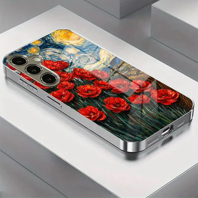 

Gold-plated tempered glass phone case, compatible Galaxy S26 S25 S24 S23 S22 Ultra Plus. Starry sky and floral design.