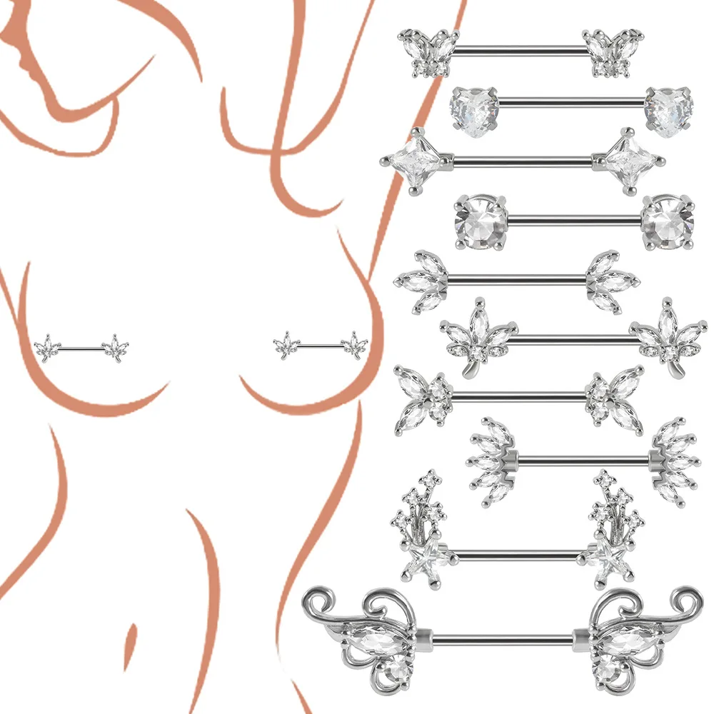 Pair Stainless Steel Heart Nipple Piercing CZ Crystal Sexy Leaf Nipple Shield Ring Nails Barbell Pierced Jewelry Chest Decor