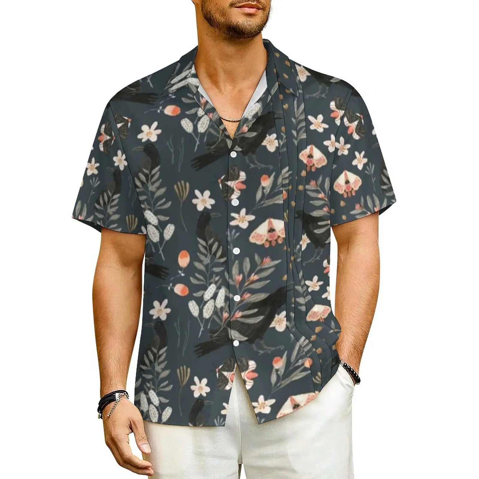 

Floral Print Butterfly Casual Shirt Black Crow and Butterflies Elegant Hawaiian Shirts Men Short-Sleeved Beach Oversize Blouses