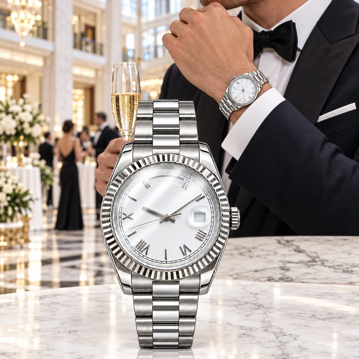 Men's 40-41mm Automatic Mechanical Watch White Dial Date Roman Numeral Fluted Bezel Stainless Steel Bracelet Dress Wristwatch