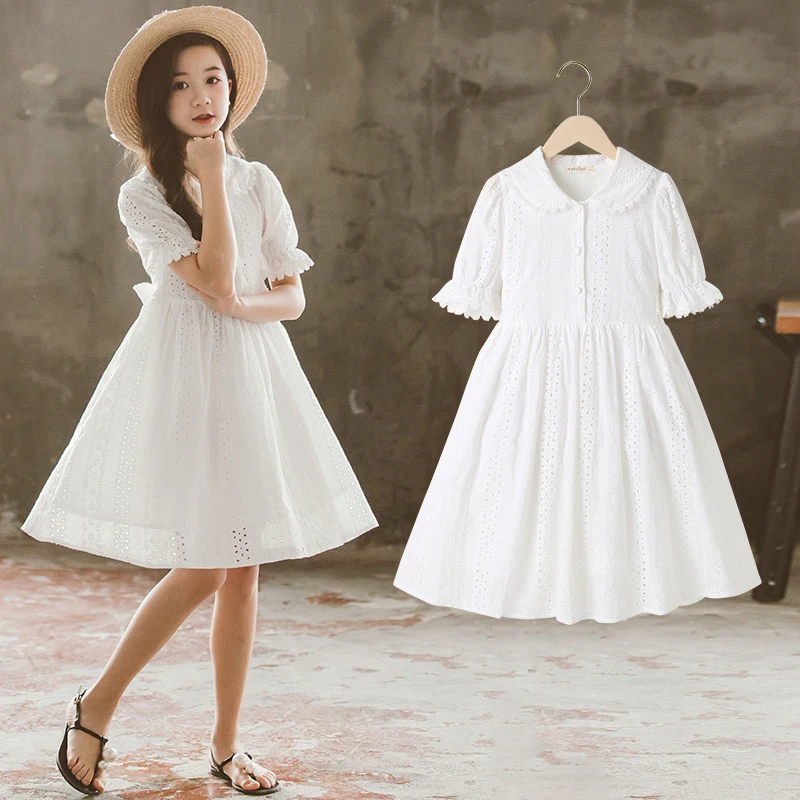 Summer dress for girls2026White doll-collar princess dress for older children, tie-dye white cotton children's dress