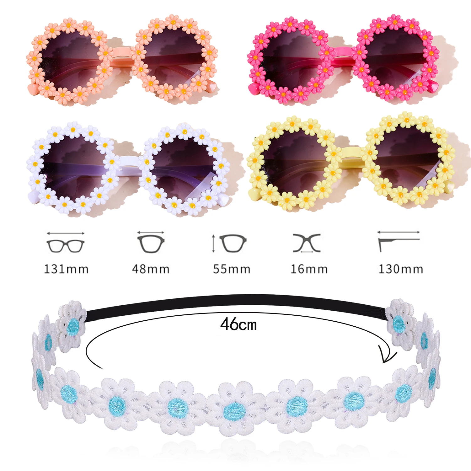 Hippie Costume Daisy Sunflower Headbands Sunglasses for Baby Girls Kids 60s 70s Dressing Accessory Birthday Gift