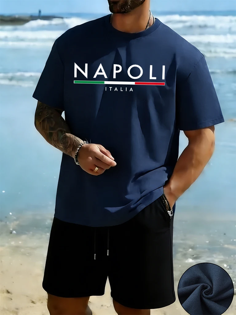Napoli Italia Letter Pattern Men Suit Classic Sport Street T-Shirt Cotton Beach Tops Loose Summer Tees & Shorts Casual 2 Pc Set