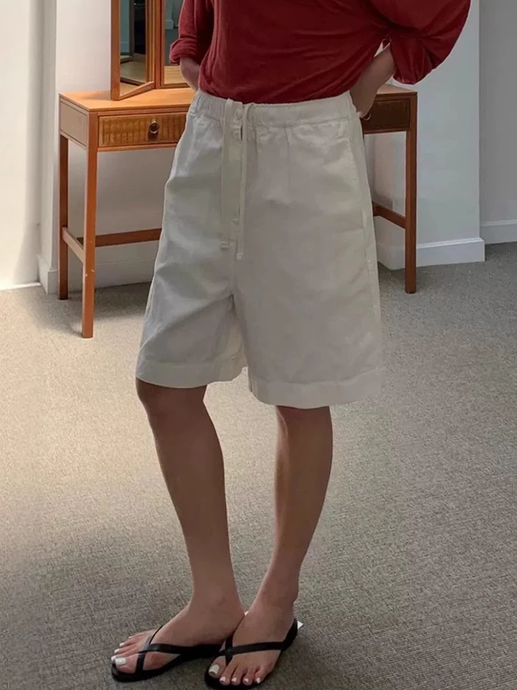 

Повседневные женские шорты из хлопка и льна с эластичным поясом на шнурке, однотонные, прямого кроя, удобные, дышащие, летние