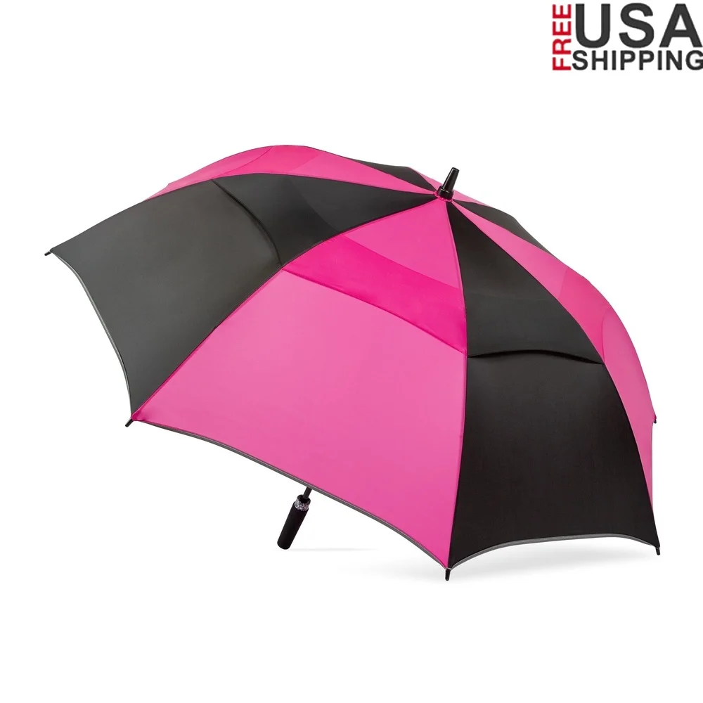 

Вентилируемый автоматически открытый зонт для гольфа UPF 50, водонепроницаемый ветрозащитный стекловолоконный прочный спортивный зонт на открытом воздухе, черный, ярко-розовый