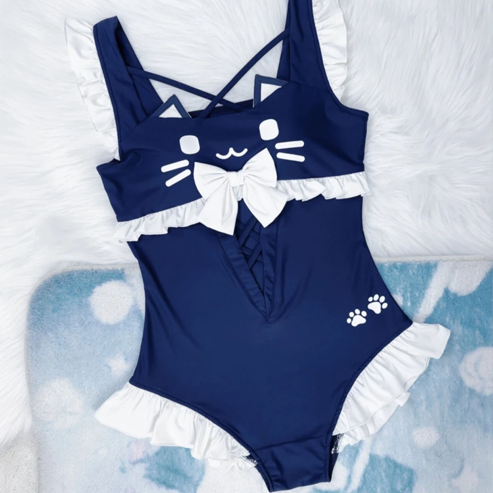 Japanese Women's Sweet and Cute Kawaii Bikini Lace Bow Cat Collar One-Piece Swimsuit Cute Girl Sweet Ruffled Edges 2026 New Item view 3