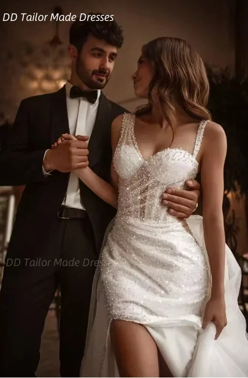 반짝이는 파란색 스팽글 긴 웨딩 드레스 사이드 슬릿 분리형 트레인 오프 숄더 럭셔리 신부 가운 맞춤형