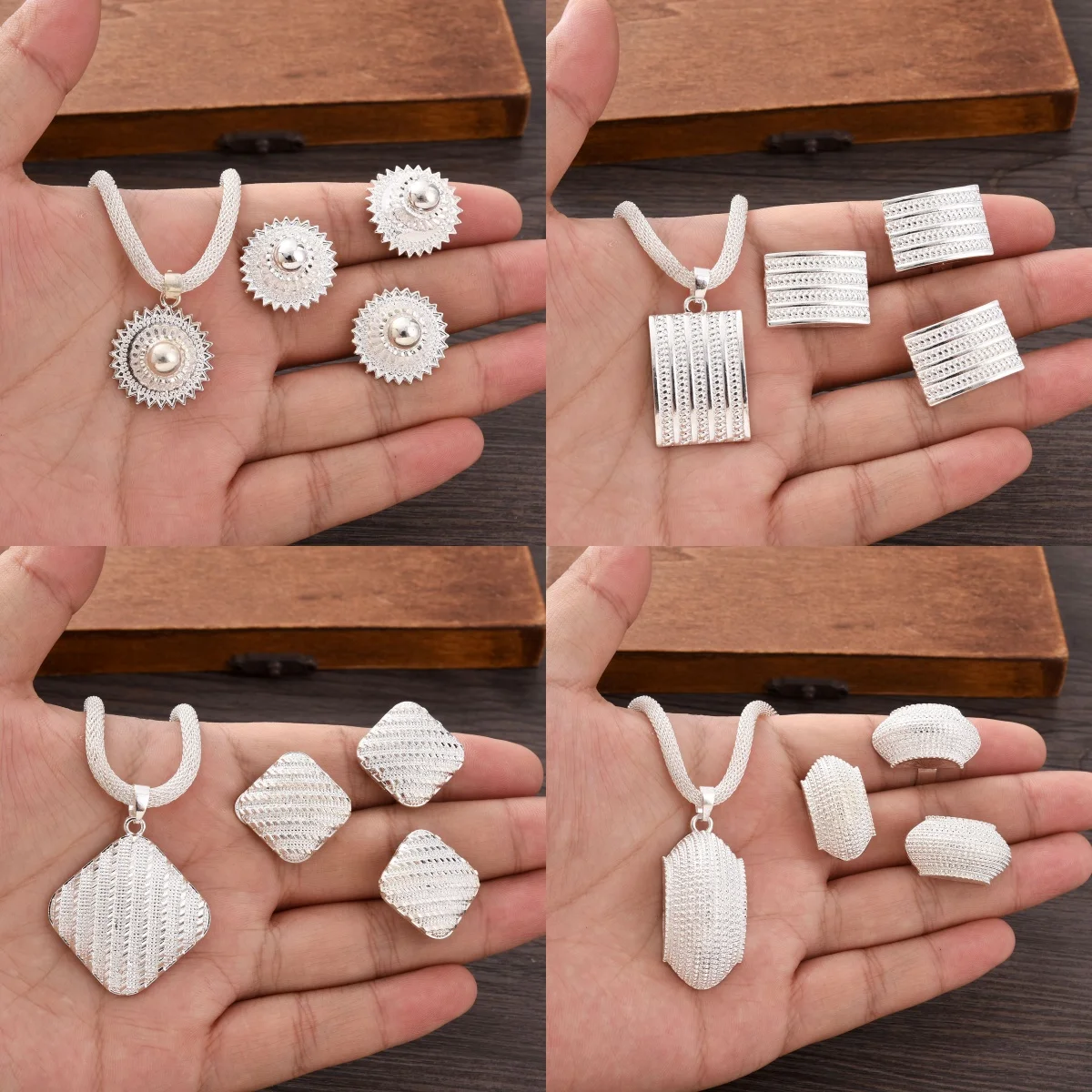 Discount Ethiopian Silver Jewelry Sets Multiple Ring Earring Necklace 3-Piece Set African Eritrean Wedding Engagement Gifts #223