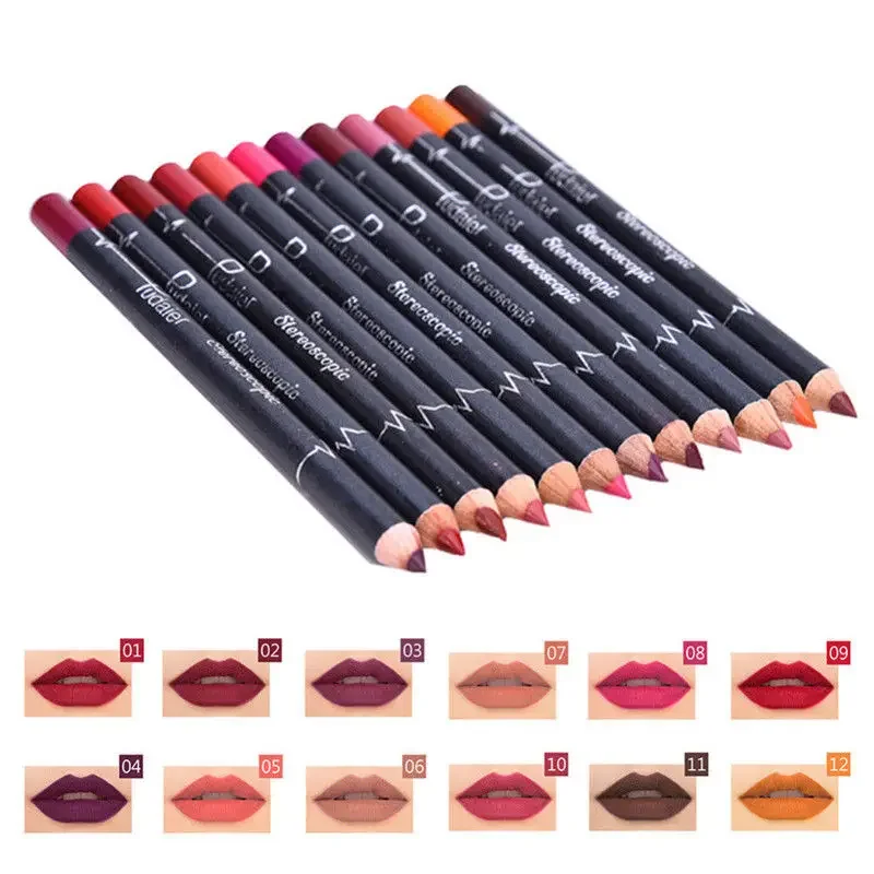 12Pcs/Set Waterproof Pencil Lipstick Set Pen Matte Lip Liner Long Lasting Makeup Pens Easy to Wear Non-stick Cup Female makeup