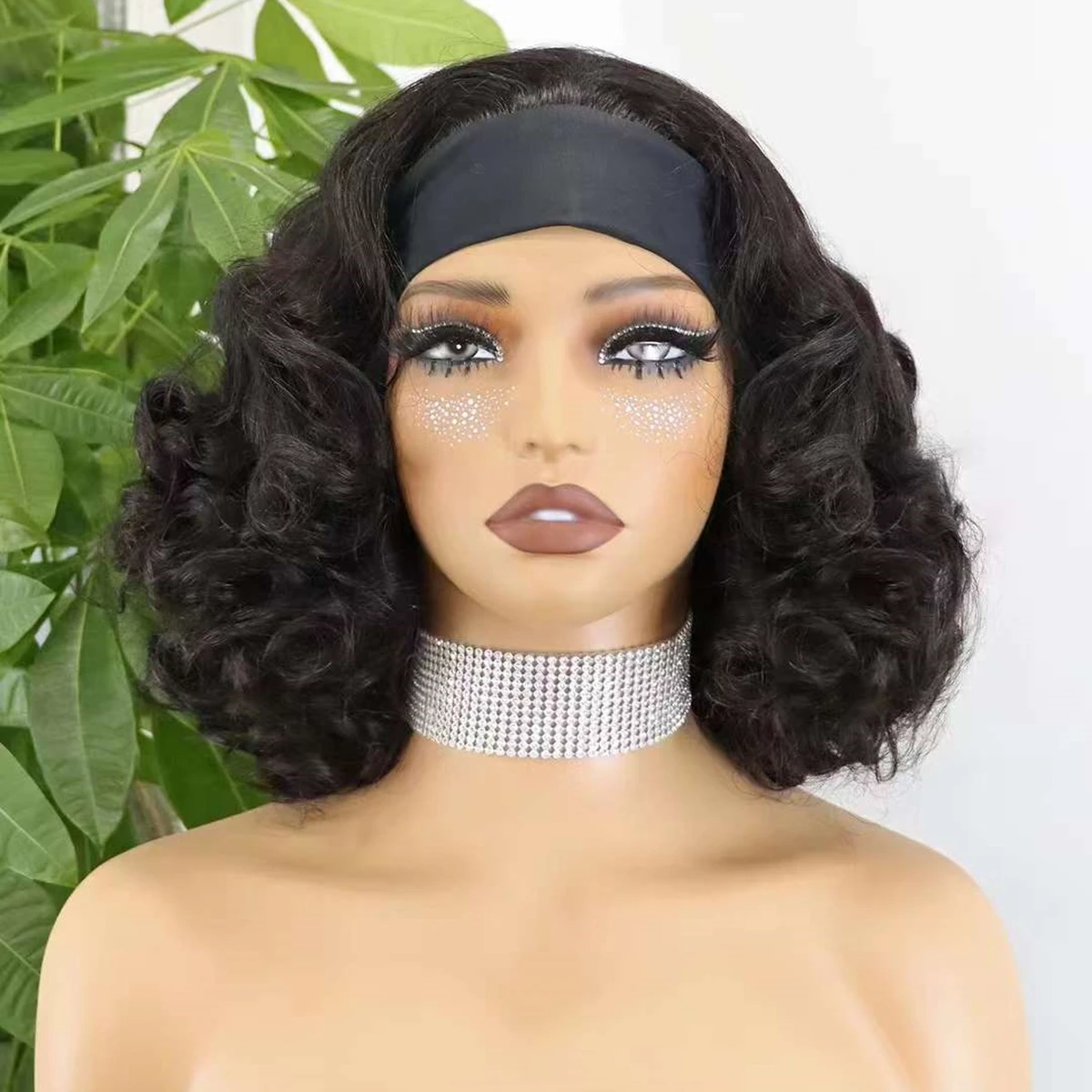 14Inch Machine Made Bob Wigs for Black Women 200% Density Bouncy Loose Headband Bob Wigs Natural Brazilian Remy Human Hair Wigs