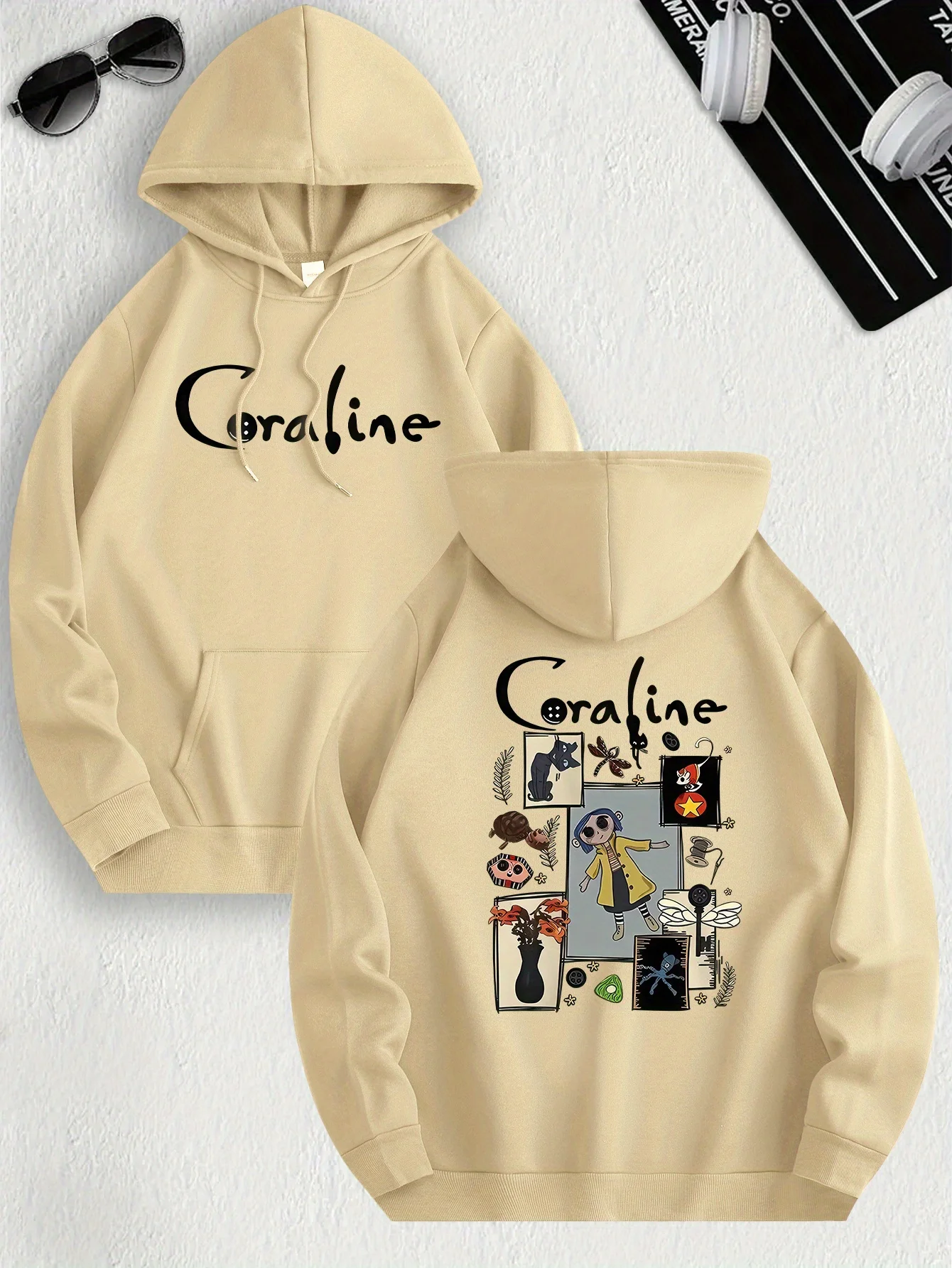 Coraline Inspired Casual Hoodie for Women's Polyester Knit Fabric Long Sleeve Regular Fit Hooded Pullover with Slight Stretch