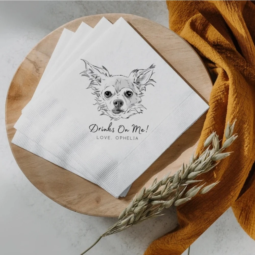 Custom Illustrated Dog Wedding Napkins, Bridal Shower, Engagement Party, Custom Bar Napkins, Pet Wedding Napkins, Dog Nap