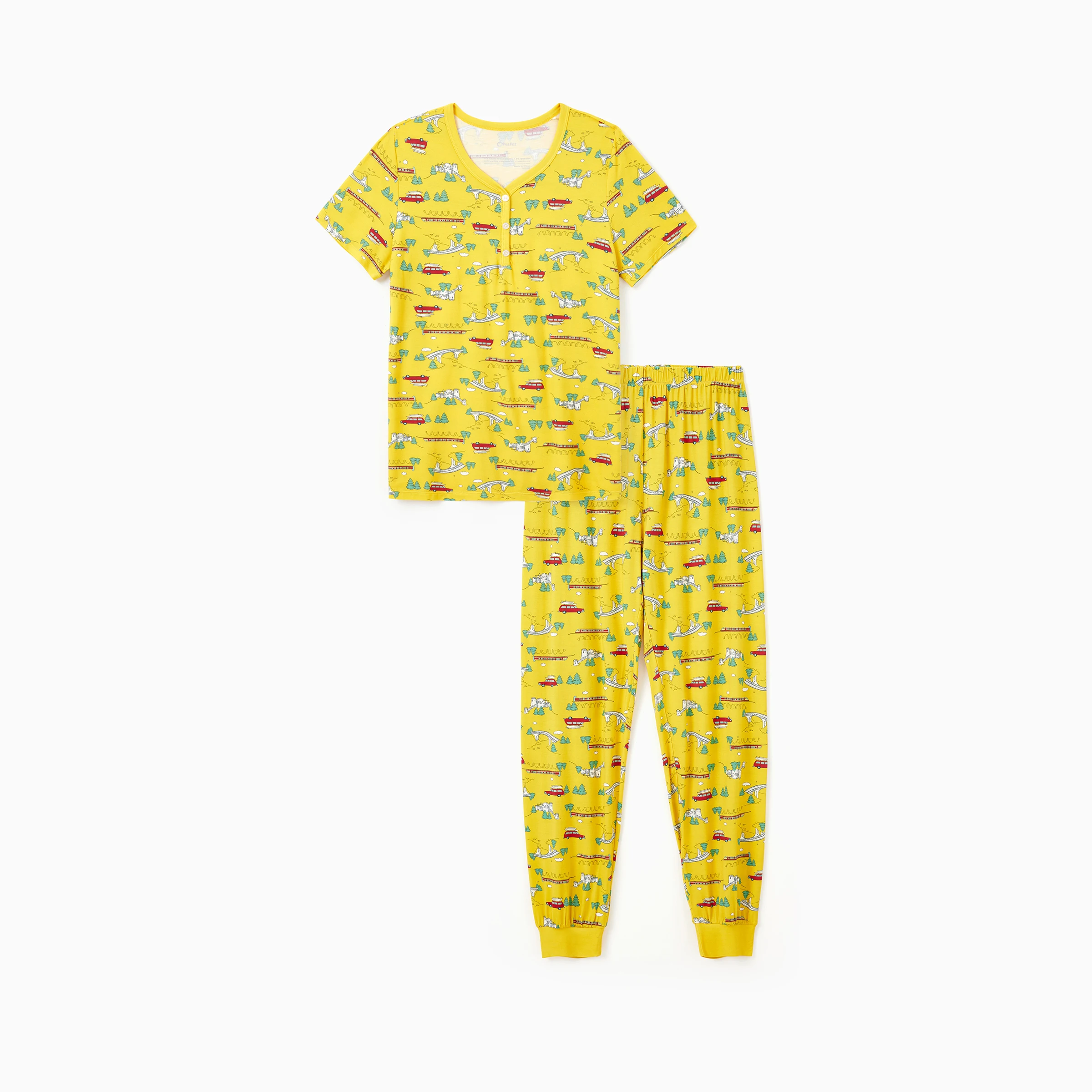

PatPat Желтый милый пижамный комплект с короткими рукавами и длинными штанами с принтом автомобиля и дерева, одинаковый пижамный комплект