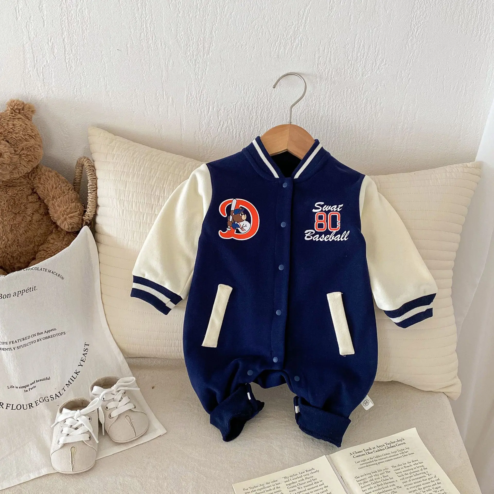 Autumn 0-2 Years Newborn Boys Bodysuit Single Breasted Letter Striped Infant Boys Jumpsuit Patchwork Cotton Baby Boys Romper