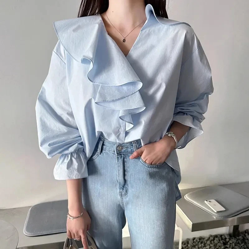 

Women Top Korean Chic Sweet Temperament V-neck Patchwork Ruffle Shirt Loose Versatile Solid Color Long Sleeve Blouse