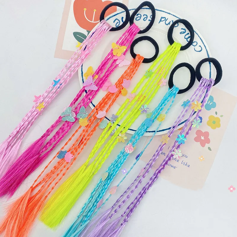 Butterfly Wig Elastic Hair Bands Sequins Kids Hair Briading Wigs Ponytail Extend Ties Colorful Hair Rope Head Bands Accessories