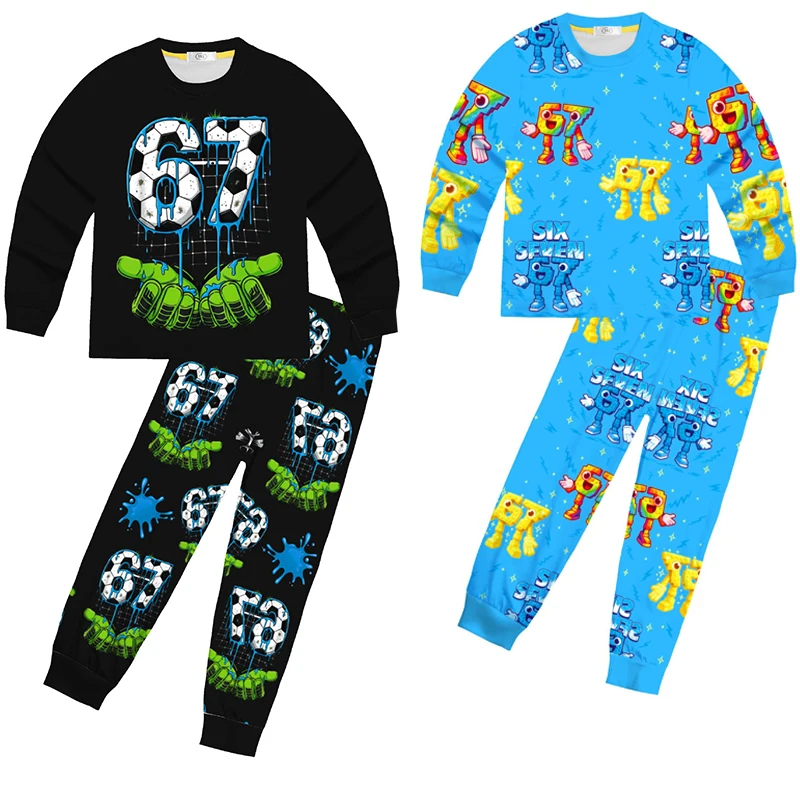 

New 67 Six Seven Clothing Steal A BrainRot Cartoon Girls Boy Pajamas Italian Brainrot Long Shirt Pants Children Fashion Tops