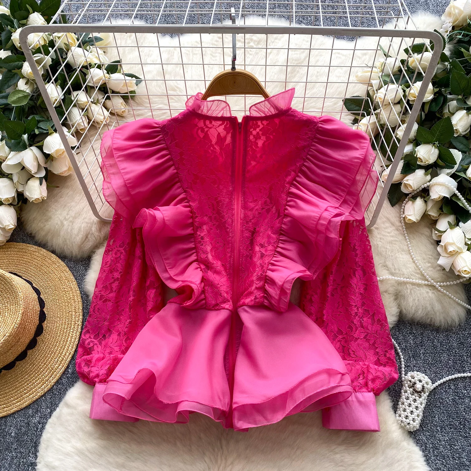 Vintage Basics ruches kant lange mouw chique bedekte knop slanke top Franse streetwear high street blouse