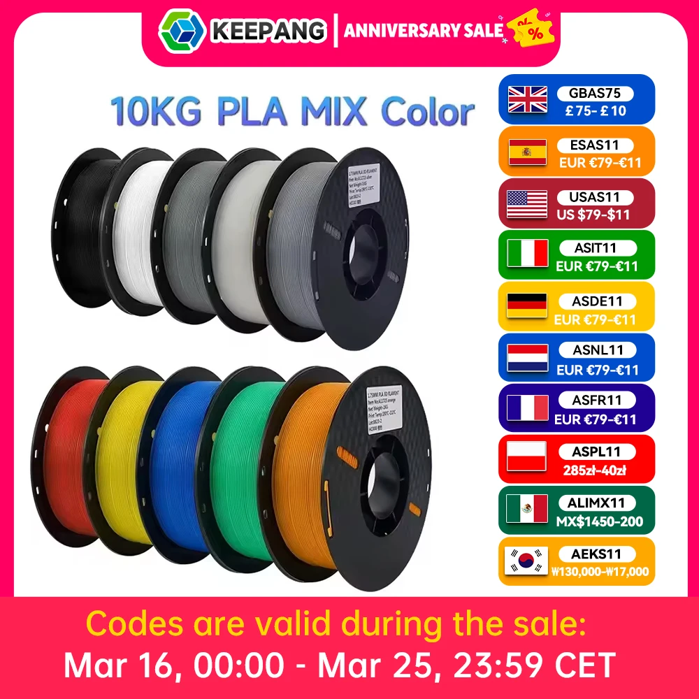 Specify Color 10KG PLA Filament for 3D Printer Plastic 1KG/Roll 1.75MM 100% Filaments Line Up Neatly FDM Printing Materials
