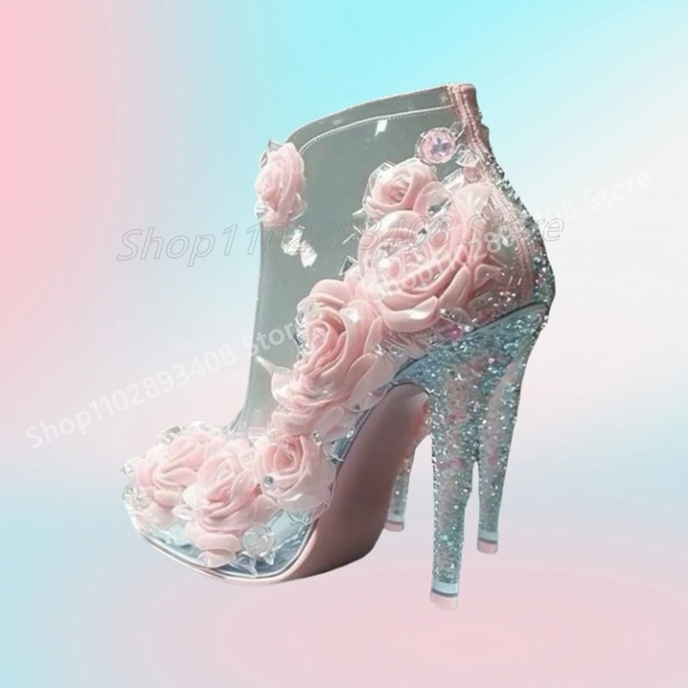 

Pink Rose Flowers Clear PVC Ankle Boots Crystals Stiletto High Heel Party Back Zipper 2024 New Women Shoes Zapatos Para Mujere